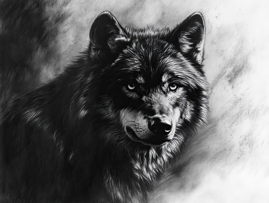 Bold charcoal wolf portrait with intense gaze and rich shading, capturing wild strength, charcoal drawing with deep tones, charcoal pencils, and charcoal art