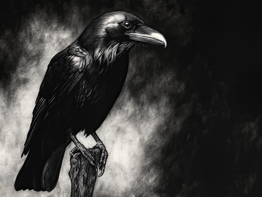 Dramatic raven in deep shadows, wings slightly spread, exuding mystery, charcoal drawing in rich texture, made with charcoal pencils, and charcoal art