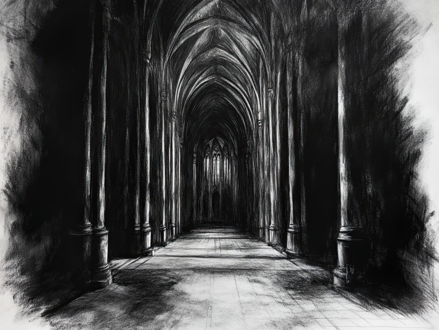 Gothic cathedral in rich contrast, towering spires and intricate details, charcoal drawing highlighting depth, created with charcoal pencils, and charcoal art