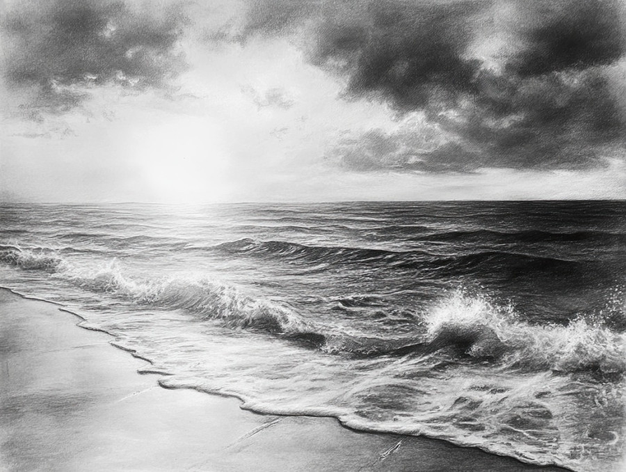 Windy shore with waves crashing, soft charcoal strokes add movement, charcoal drawing depicting natureâ€™s force, created with charcoal pencils, and charcoal art