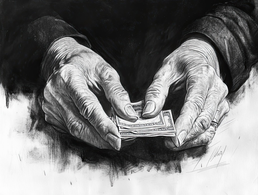 Shaded hands counting money, fingers slightly curled, dramatic contrast, charcoal drawing emphasizing financial themes, made with charcoal pencils, and charcoal art