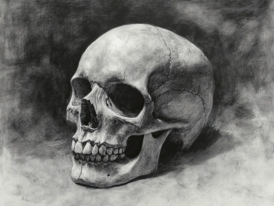 Anatomical skull in deep tones, hollow eye sockets and fine bone details, charcoal drawing capturing realism, created with charcoal pencils, and charcoal art