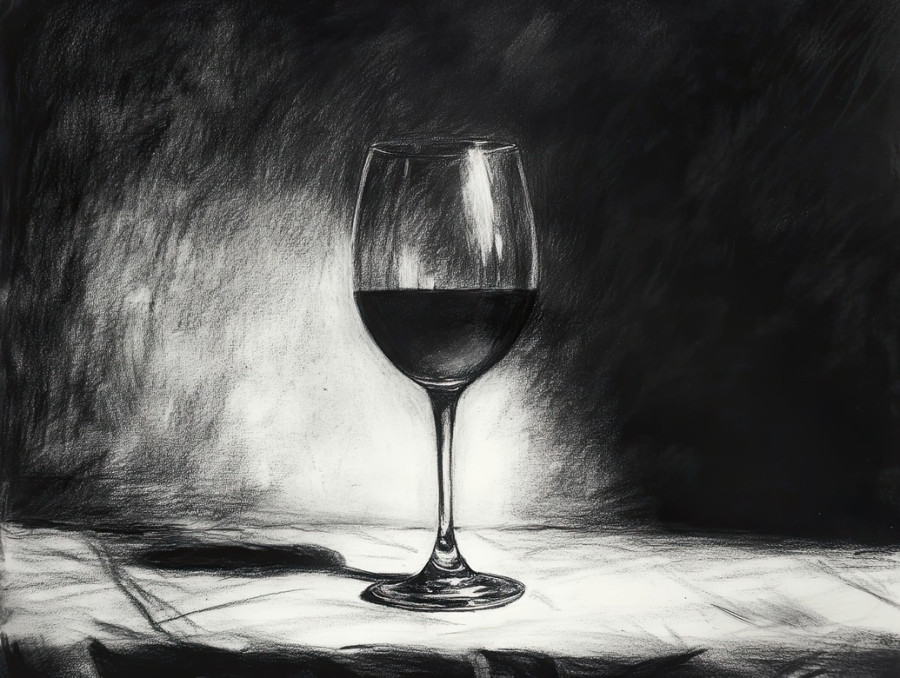Still life wine glass in shadows, reflections glistening in the dim light, charcoal drawing with elegant contrast, made with charcoal pencils, and charcoal art