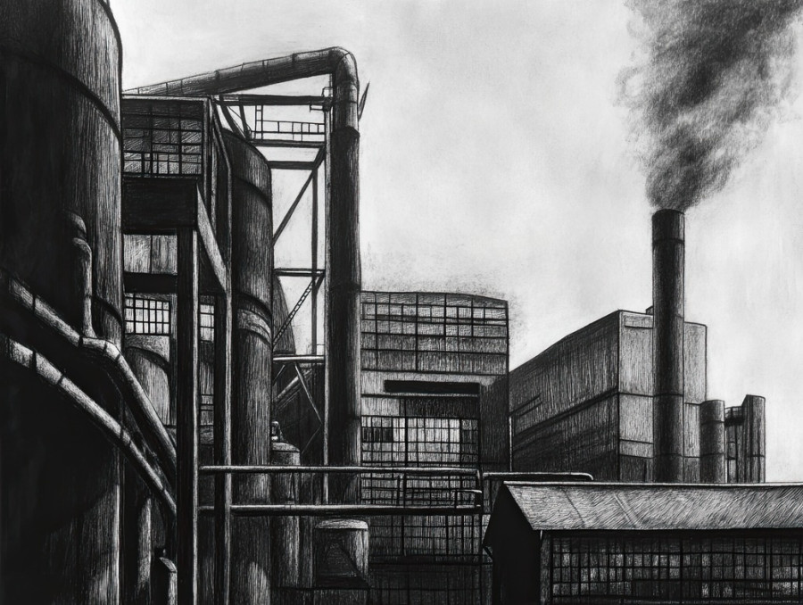 Smoky factory in moody charcoal, chimneys releasing dense smoke, charcoal drawing depicting industrial impact, created with charcoal pencils, and charcoal art
