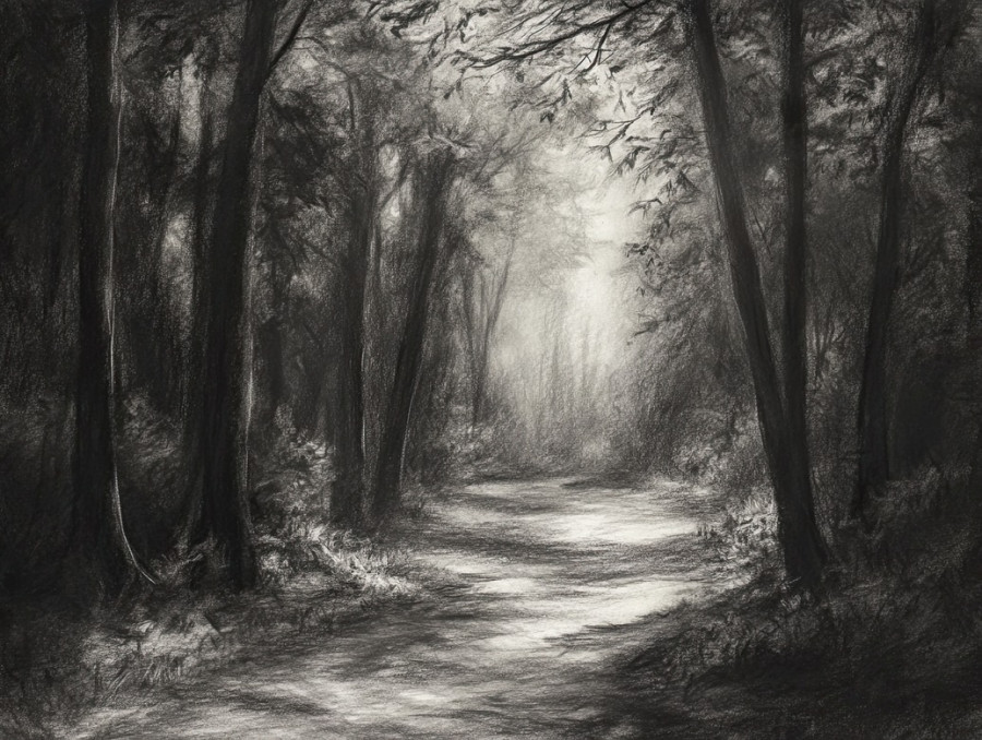 Dark forest in bold strokes, tangled trees and eerie shadows, charcoal drawing evoking mystery, made with charcoal pencils, and charcoal art