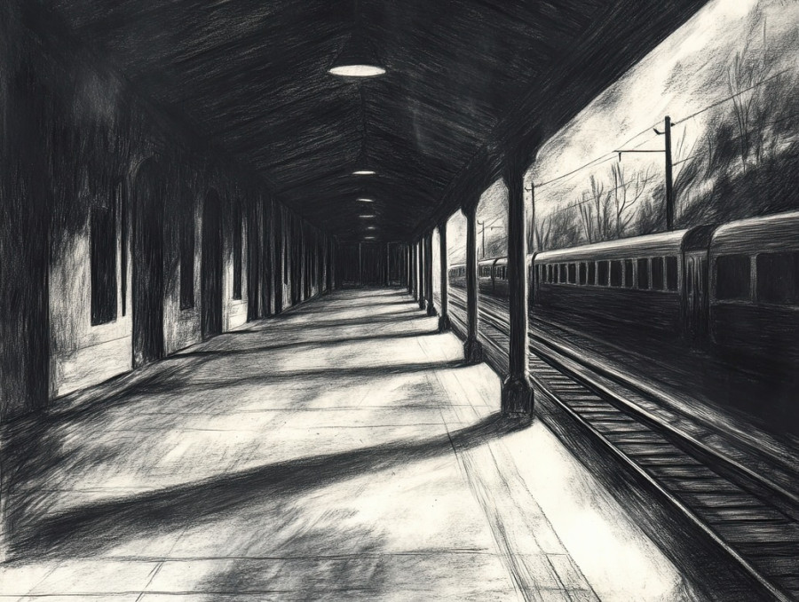 Train station in rich charcoal texture, arches and tracks fading in distance, charcoal drawing capturing motion, made with charcoal pencils, and charcoal art