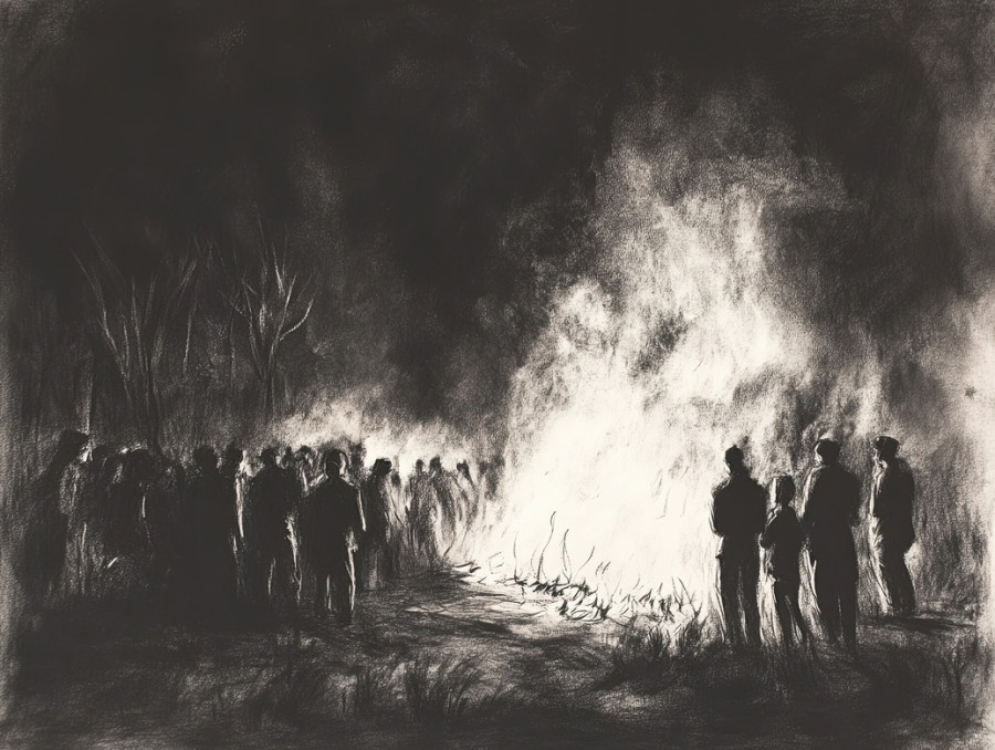 Fire-lit festival scene in charcoal, glowing flames and dancing figures, charcoal drawing of celebration, created with charcoal pencils, and charcoal art