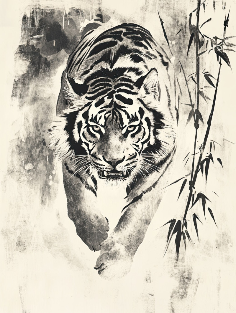 Elegant tiger in fluid brushstrokes, sumi e drawing, powerful feline in motion, black ink swirls creating a bold yet graceful presence, wild nature in artistic form