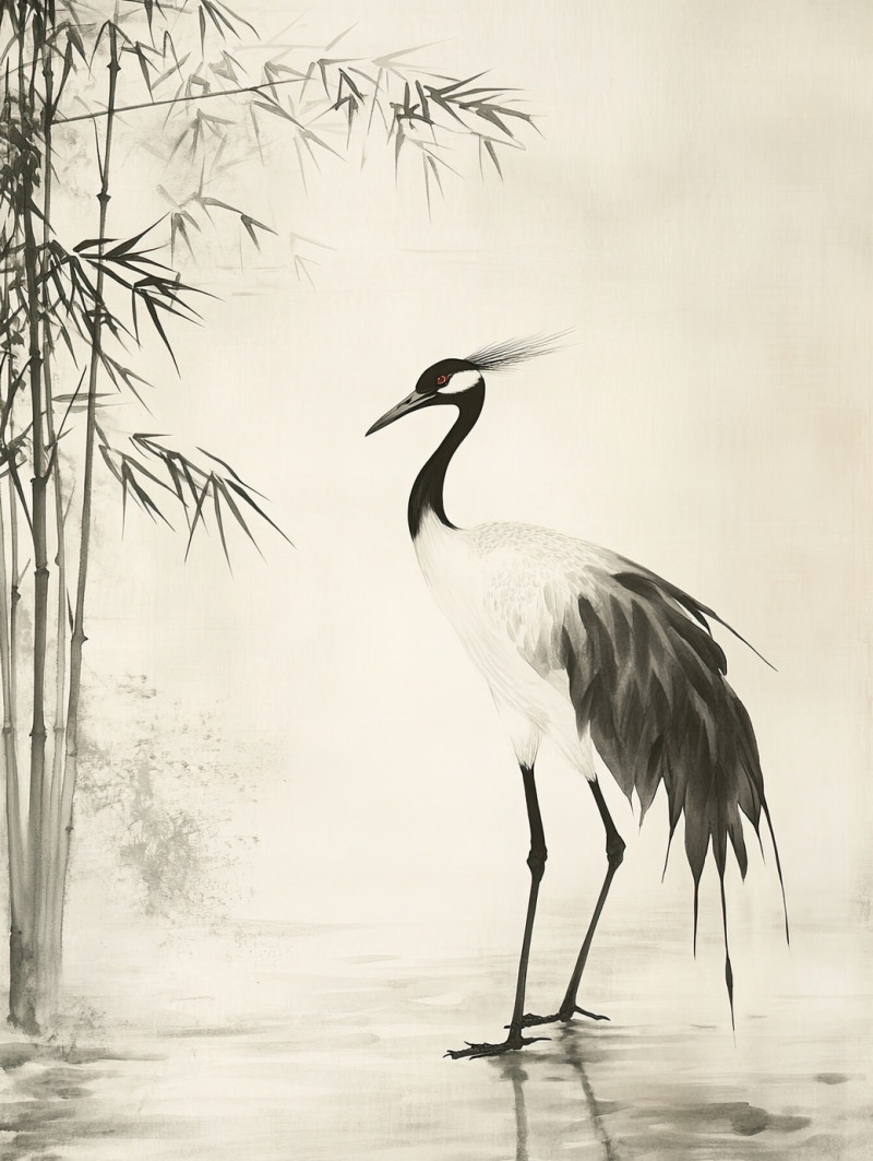 Graceful crane in ink wash, sumi e drawing, long legged bird standing tall, delicate feathers flowing, symbol of peace and longevity in traditional art