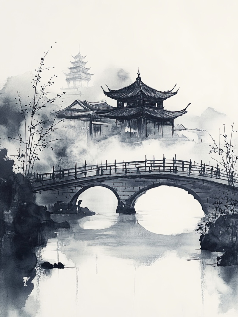 Misty temple in sumi e style, sumi e drawing, ancient shrine surrounded by fog, soft ink strokes creating a mystical scene, peaceful spiritual retreat in nature