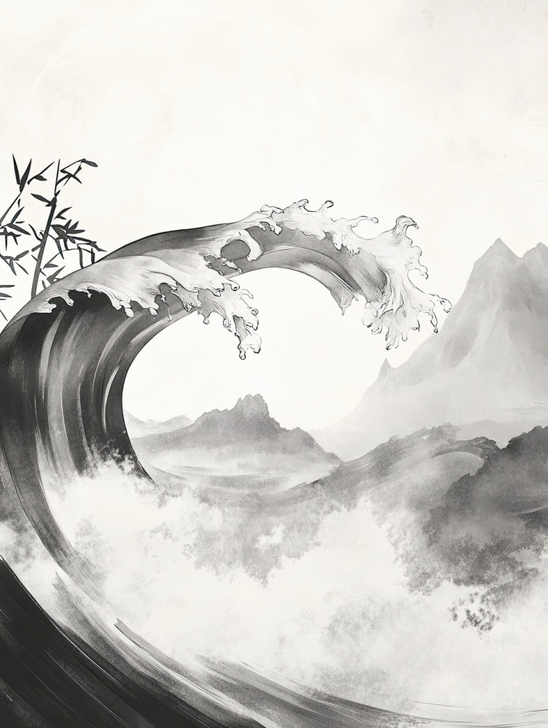 Tranquil waves in soft ink, sumi e drawing, gentle ocean swells flowing in delicate brushstrokes, calming water movement, peaceful sea scene in traditional art