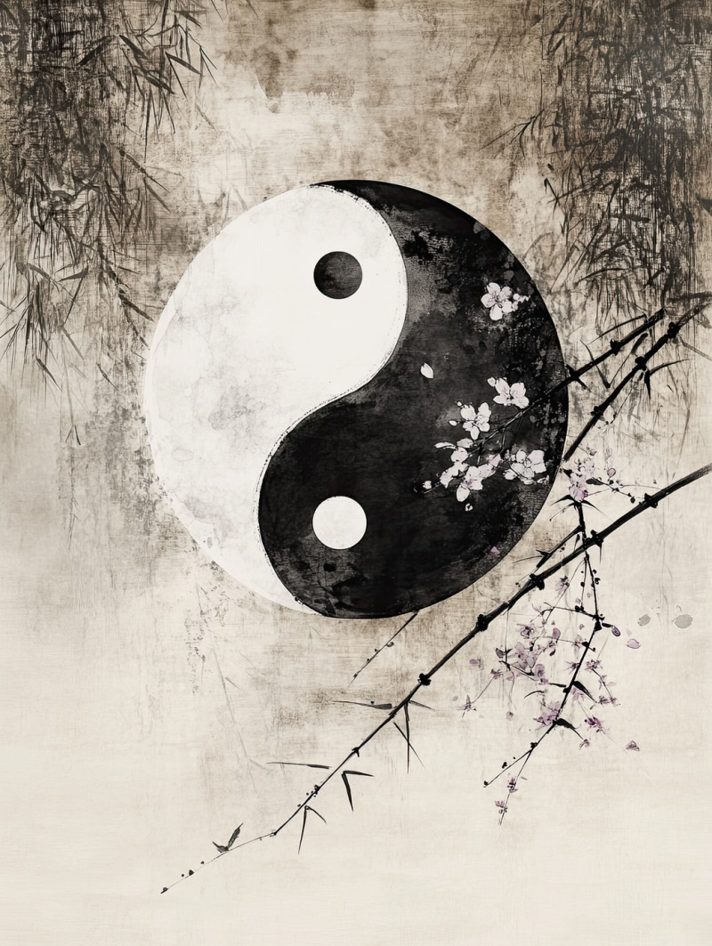 Flowing yin yang in sumi e, sumi e drawing, black and white balance in swirling ink, harmony and duality symbol, smooth artistic motion representing unity