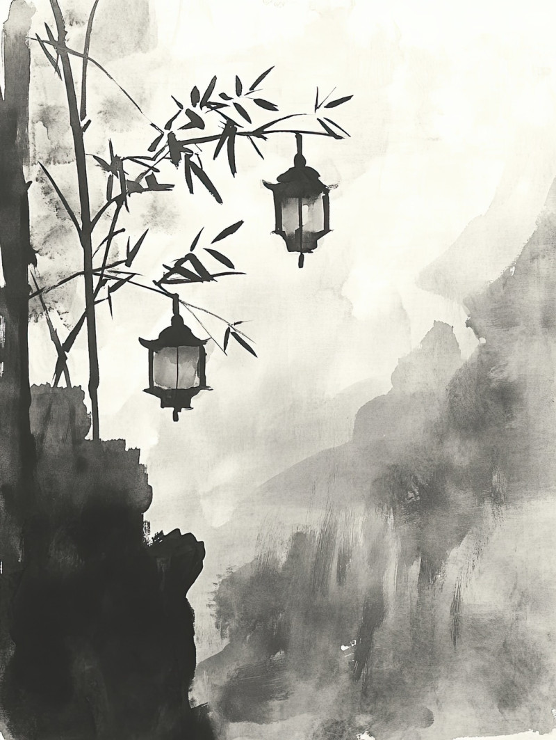 Lantern festival in soft washes, sumi e drawing, glowing paper lanterns floating in night sky, warm light reflecting on water, peaceful celebration in delicate ink