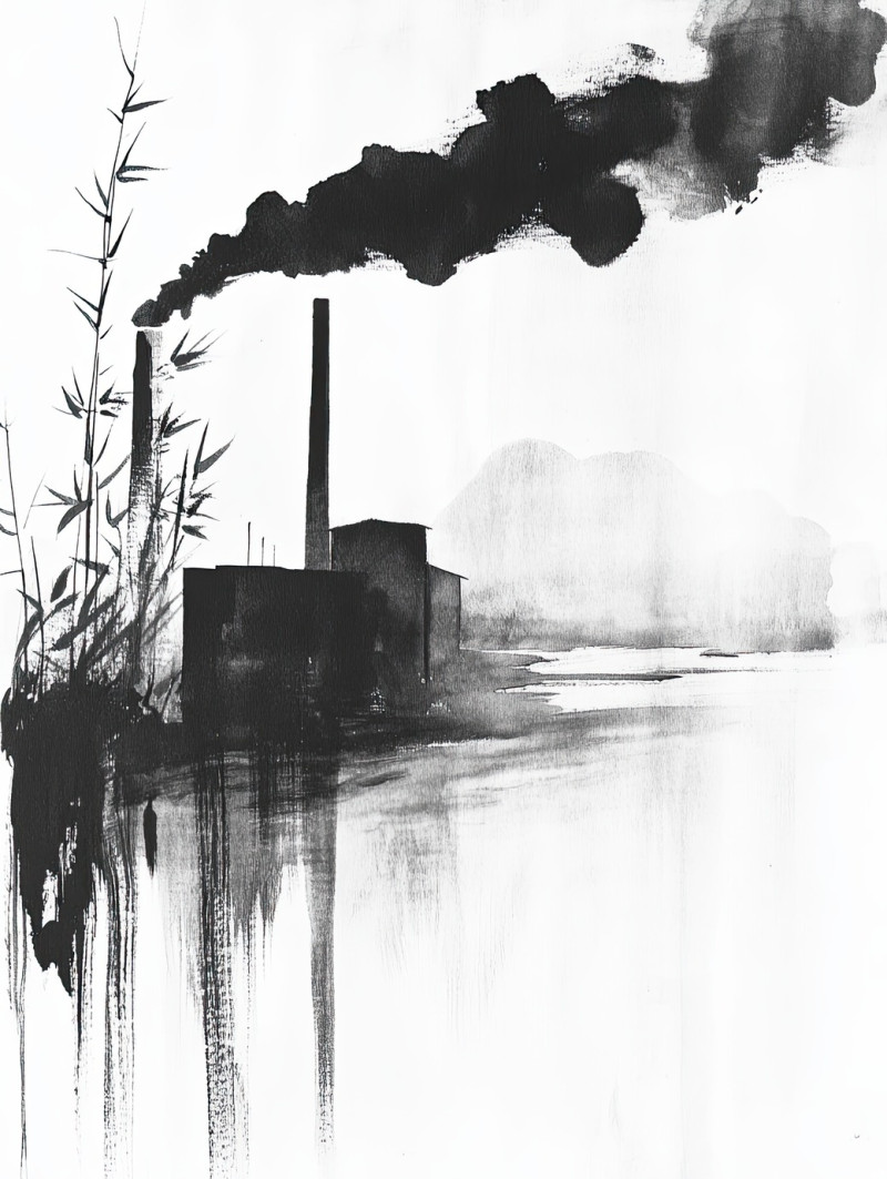 Smoky factory in bold ink, sumi e drawing, industrial building releasing thick smoke, heavy brushwork creating contrast, symbol of pollution and urbanization