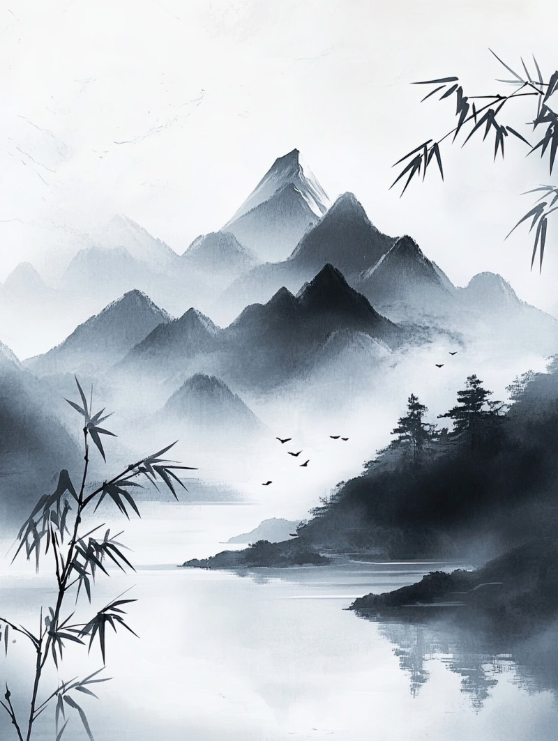 Majestic mountain in sumi e, sumi e drawing, towering peak in soft ink strokes, mist covering rugged cliffs, timeless beauty of nature in traditional art
