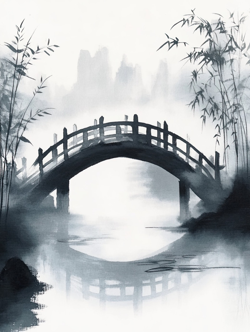 Ink brushed bridge in the mist, sumi e drawing, ancient wooden bridge fading into fog, soft strokes creating mystery, peaceful passage over calm waters