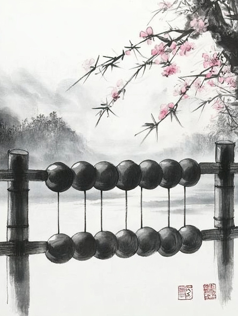 Ink brushed abacus in balance, sumi e drawing, traditional counting tool in delicate strokes, precise beads symbolizing wisdom, blending art with mathematics