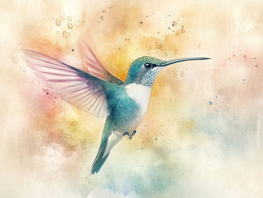 Delicate hummingbird in pastel tones, captured in watercolor paint with soft strokes, hovering gracefully on daniel smith watercolor and watercolour paper, nature in motion