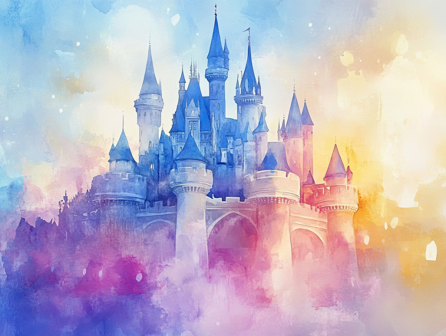 Dreamy castle in a soft watercolor wash, blending gentle hues on daniel smith watercolor and watercolour paper, fantasy landscape with misty towers and magical scenery