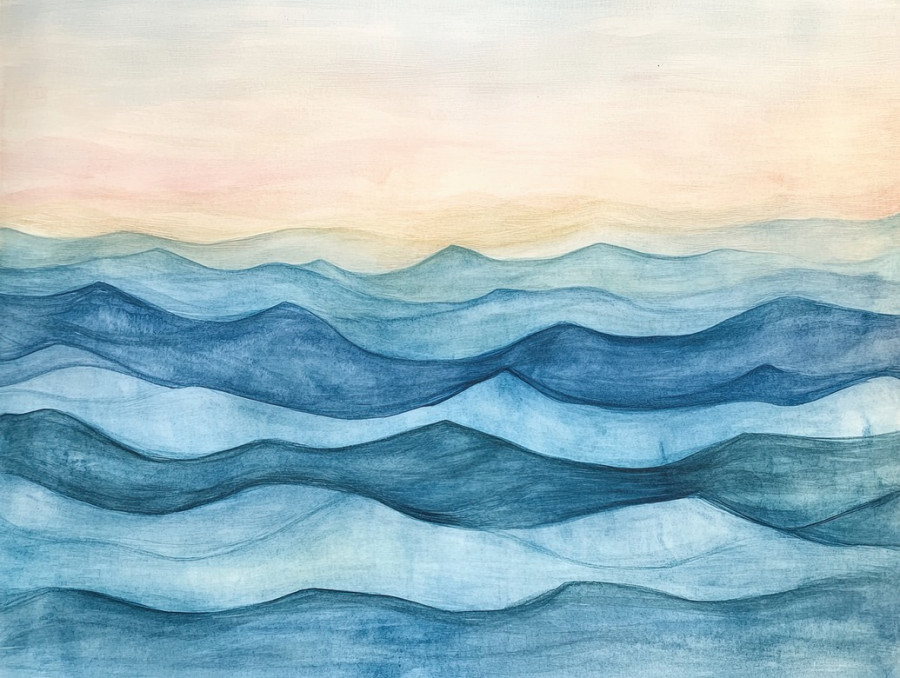 Gentle waves in blue gradients, flowing smoothly in watercolor paint on daniel smith watercolor and watercolour paper, serene ocean movement with soft artistic strokes