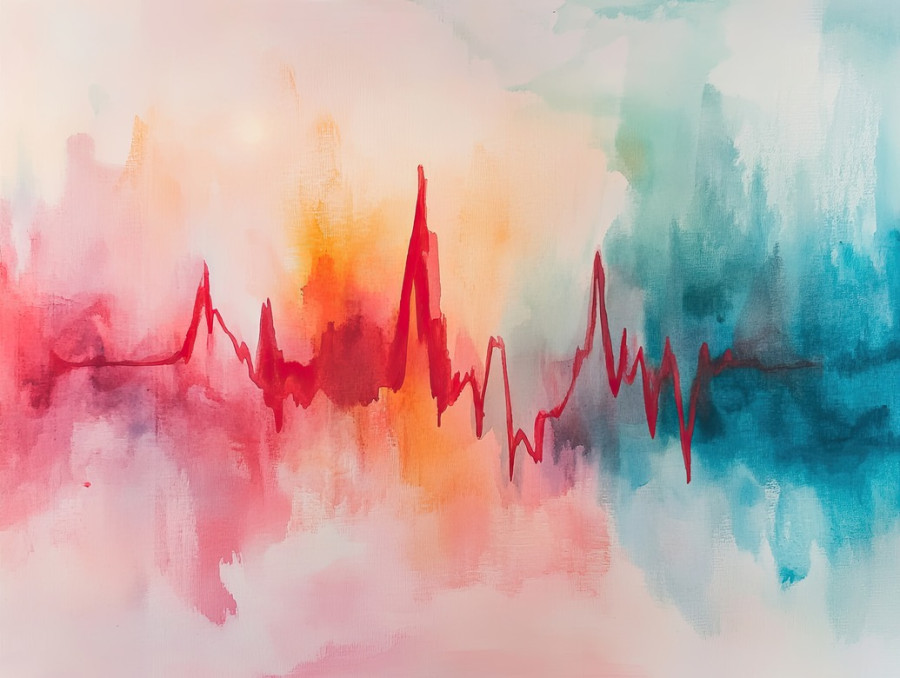 Blurred heartbeat in deep red watercolor washes, evoking emotion on daniel smith watercolor and watercolour paper, abstract pulse design with fluid artistic strokes