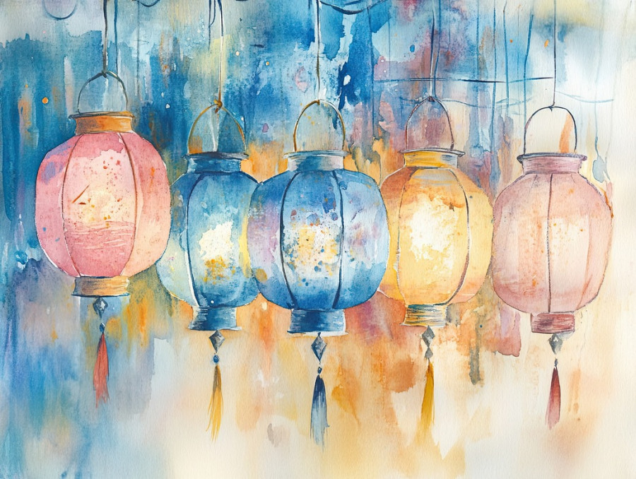 Colorful lanterns in fluid watercolor paint strokes, glowing in soft tones on daniel smith watercolor and watercolour paper, festive and artistic composition of warm lights