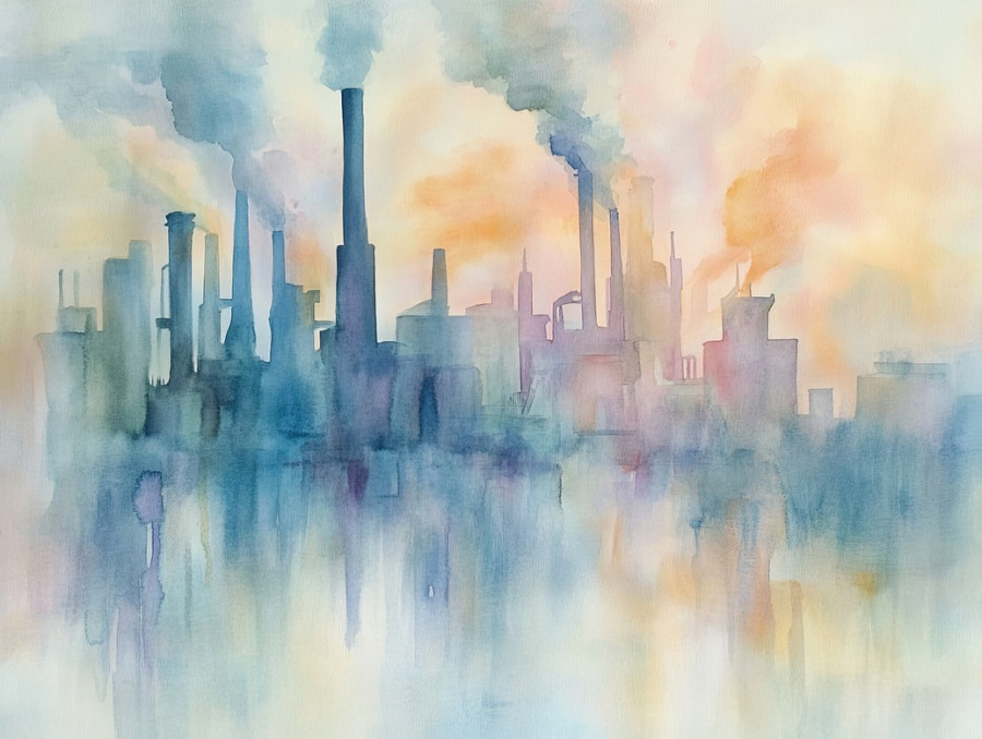 Smoky factory in muted tones, fading into soft watercolor paint on daniel smith watercolor and watercolour paper, atmospheric industrial scene with hazy brushstrokes