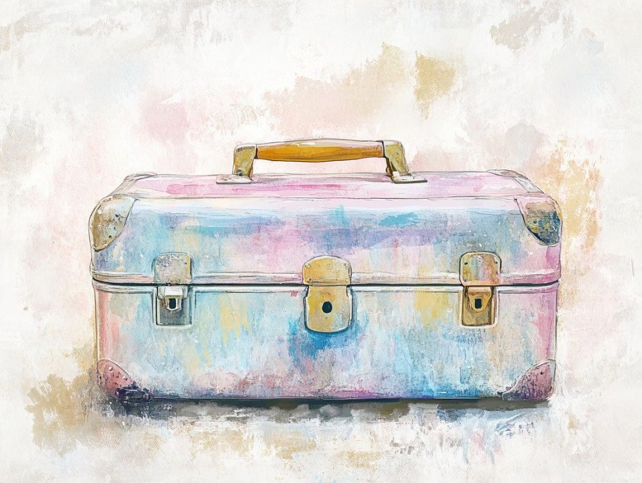 Vintage suitcase with soft watercolor paint edges, aged leather texture on daniel smith watercolor and watercolour paper, nostalgic travel concept in warm tones