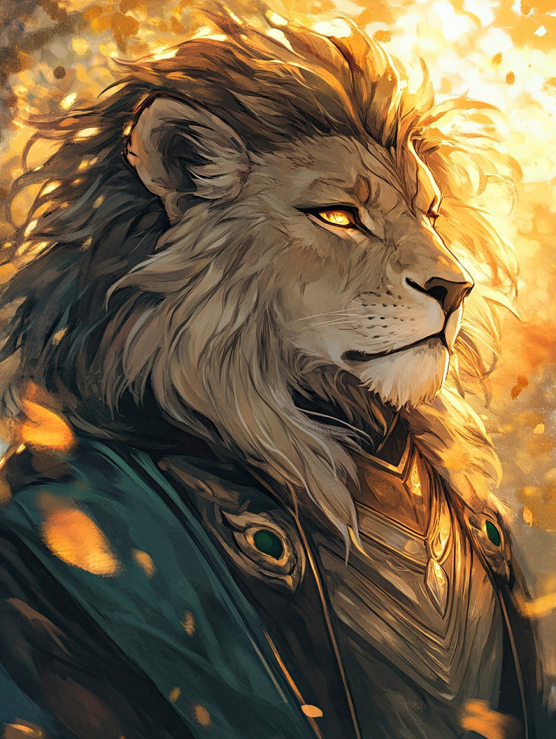 Majestic lion with a golden mane stands under a sunset, bathed in warm light, powerful and regal, its eyes gaze ahead, oil paint, custom oil painting, oil based paint