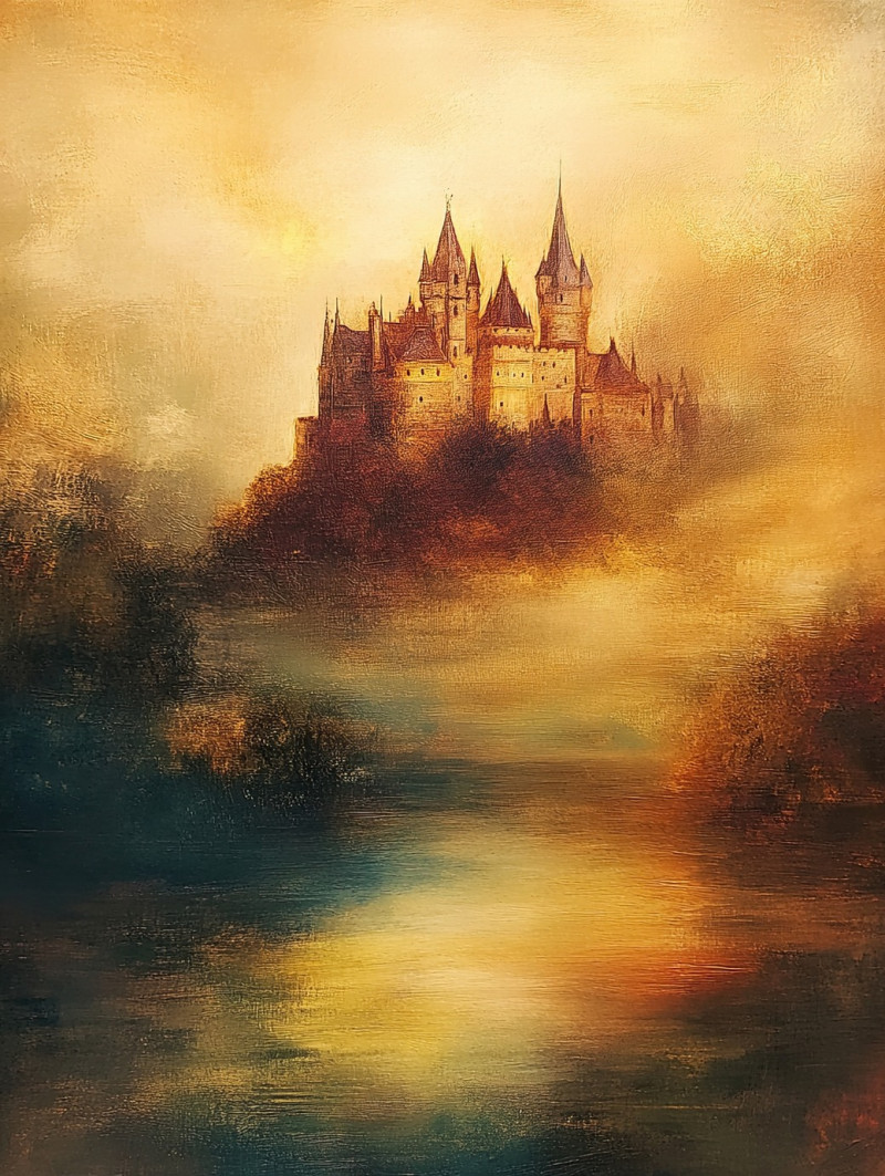 Ancient castle emerges through morning mist, towering with weathered stone walls, mysterious and historic, shrouded in fog, oil paint, custom oil painting, oil based paint