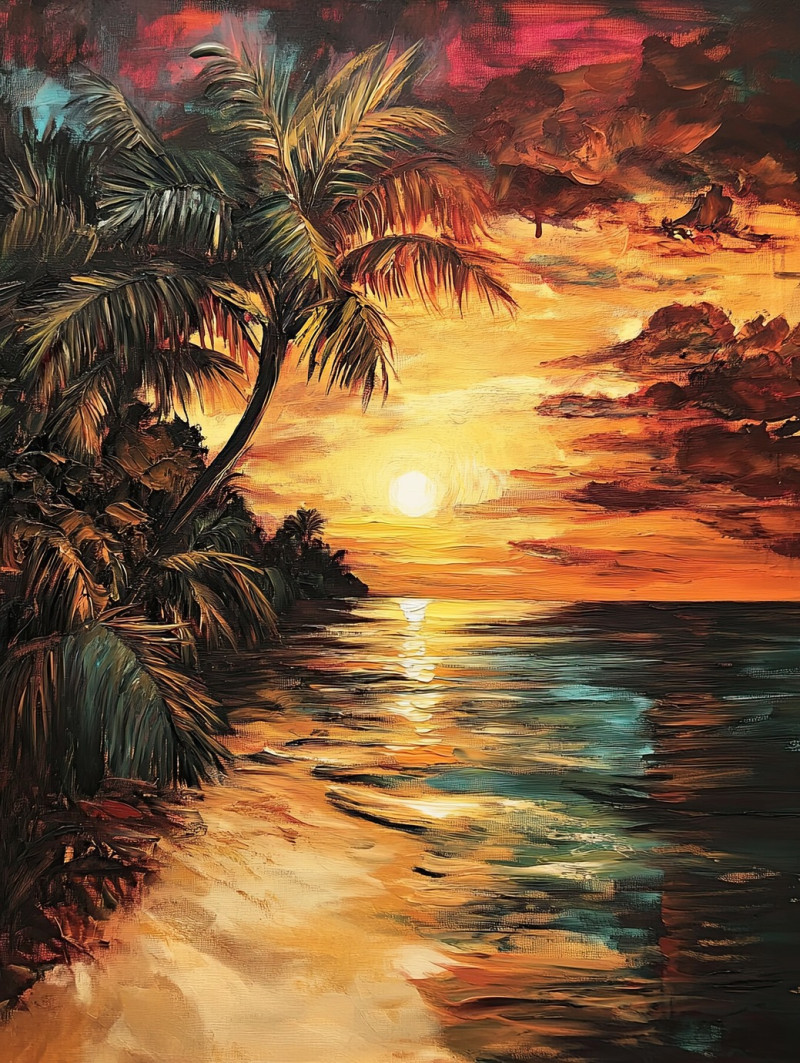 Serene sunset casts golden light over a tropical shore with palm trees and calm waves, peaceful and warm evening glow, oil paint, custom oil painting, oil based paint