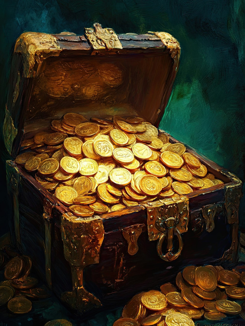 Golden coins spill from an open wooden chest, shining in warm light, a symbol of wealth and fortune, treasure overflows, oil paint, custom oil painting, oil based paint