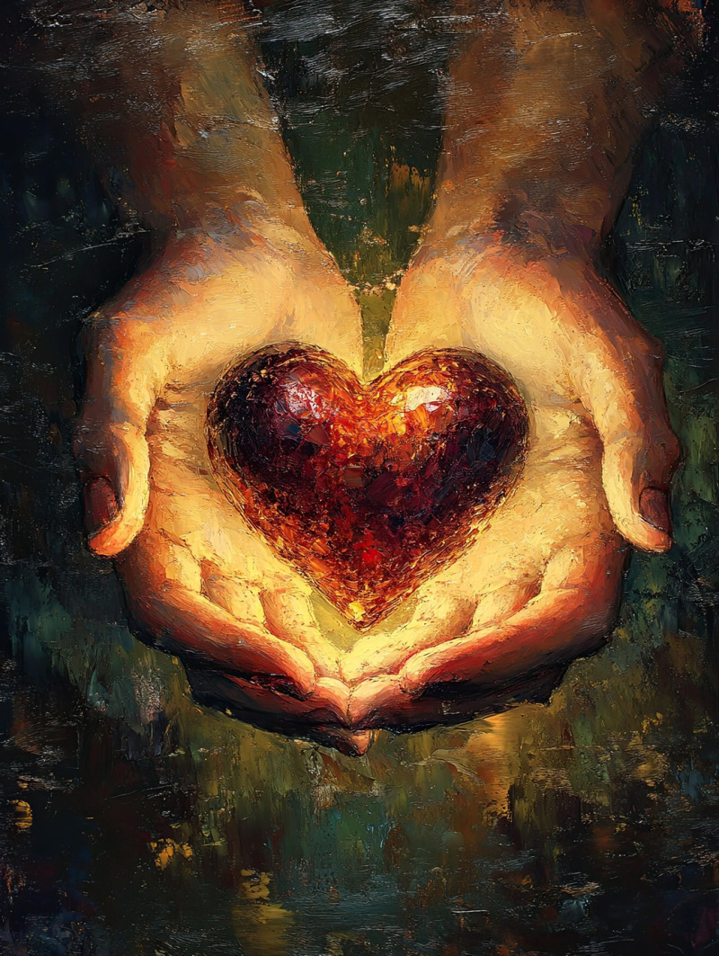Hands gently hold a glowing heart radiating warmth and kindness, a symbol of love, care, and compassion, oil paint, custom oil painting, oil based paint