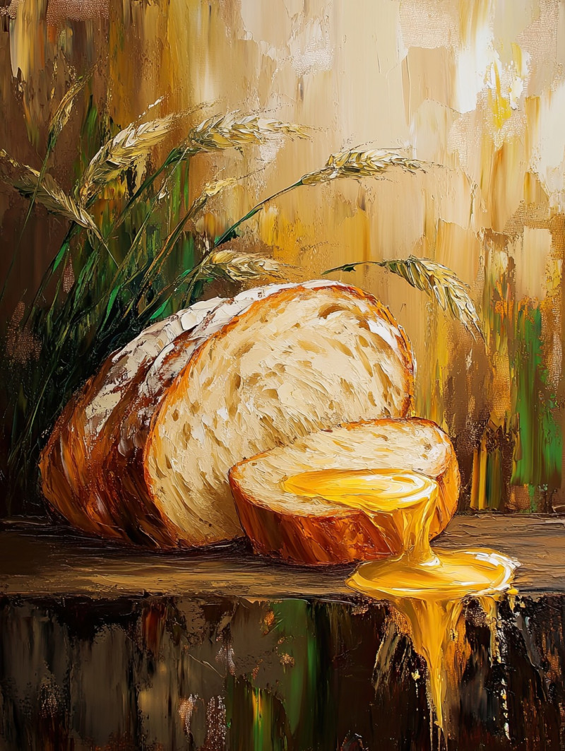 Rustic bread with a crispy crust sits on a wooden table, melting butter dripping over its soft center, warm and homemade, oil paint, custom oil painting, oil based paint