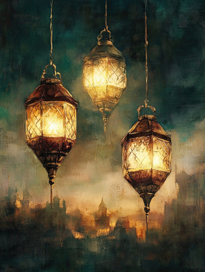 Lanterns float in a twilight sky, glowing softly as they drift upward, a magical and peaceful scene of wishes and dreams, oil paint, custom oil painting, oil based paint