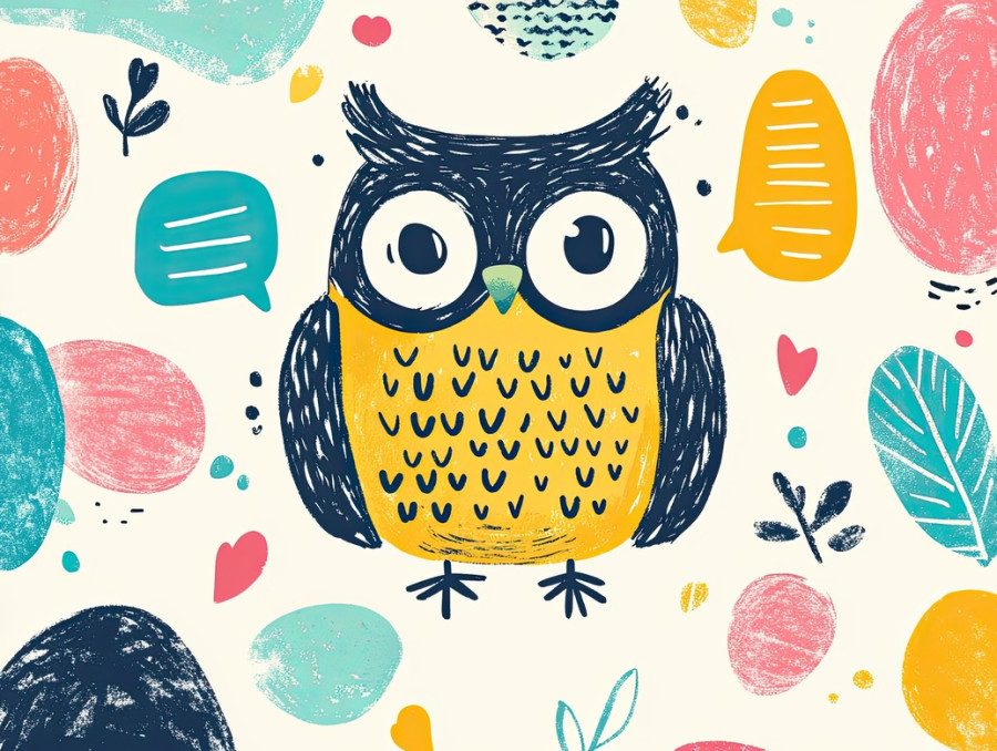 Cute owl with large eyes and a speech bubble filled with notes, drawn in a sketchnote style, creative communication or knowledge concept