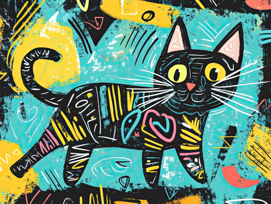 Playful cat with doodle swirls around it, drawn in a sketchnote style, fun and energetic feline illustration, pet or animal-themed concept