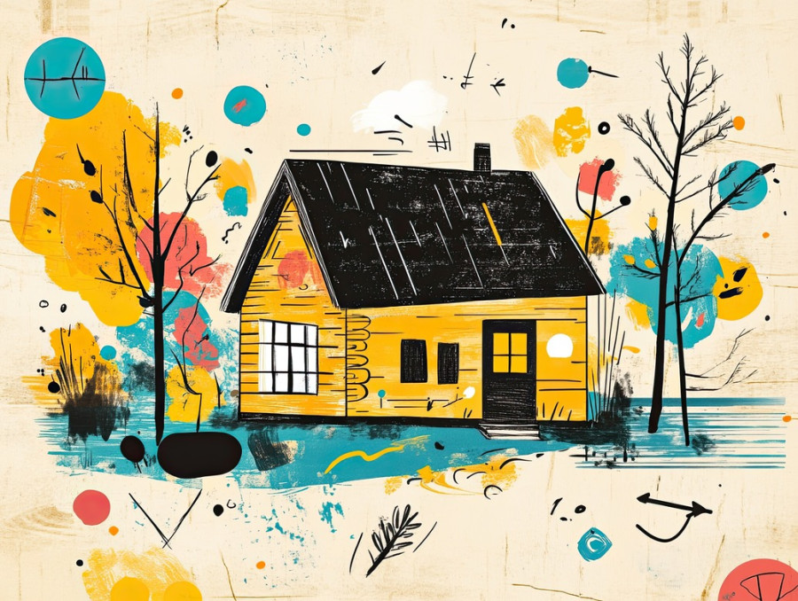 Cozy cabin with sketchy details, drawn in a sketchnote style, wooden house in nature, warm and peaceful countryside retreat concept