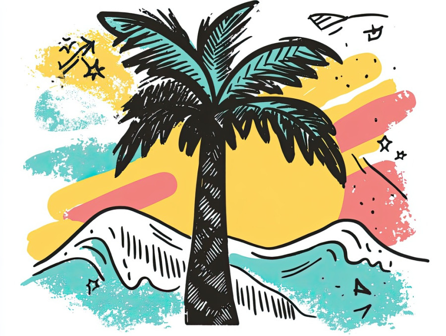 Palm tree with waves and sun icons, drawn in a sketchnote style, tropical beach scene, summer vacation and relaxation concept