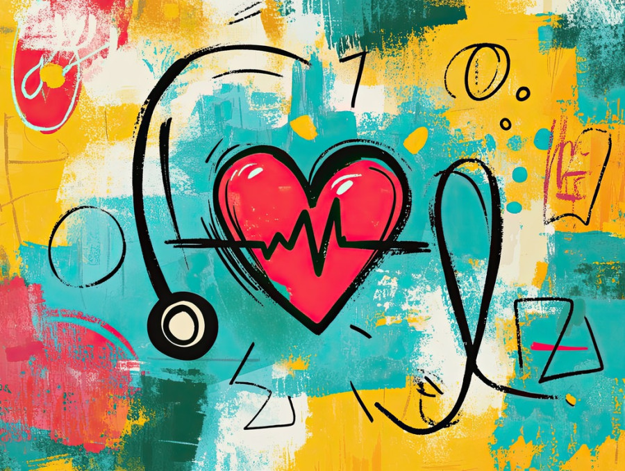 Heartbeat line with a stethoscope, drawn in a sketchnote style, medical health care and cardiology concept, heartbeat monitoring symbol