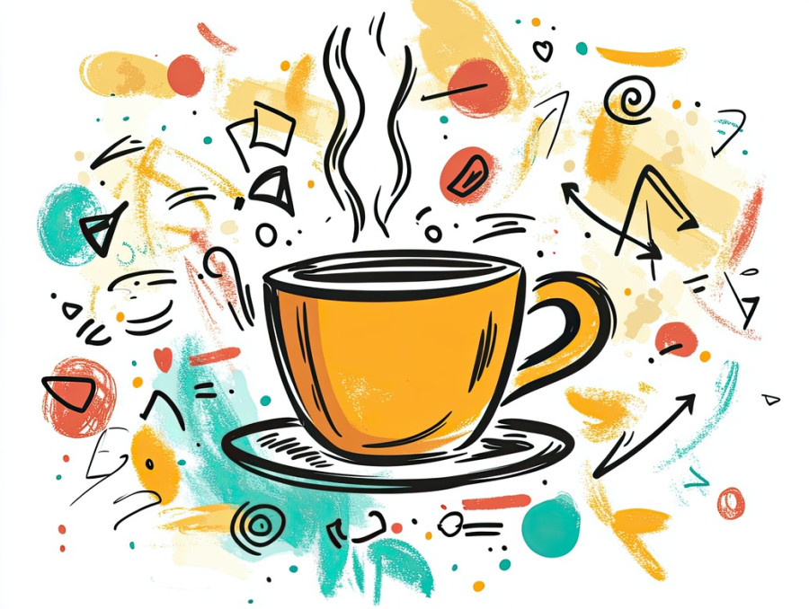 Coffee cup with steam doodles, drawn in a sketchnote style, warm morning drink, energy boost and relaxation concept for coffee lovers