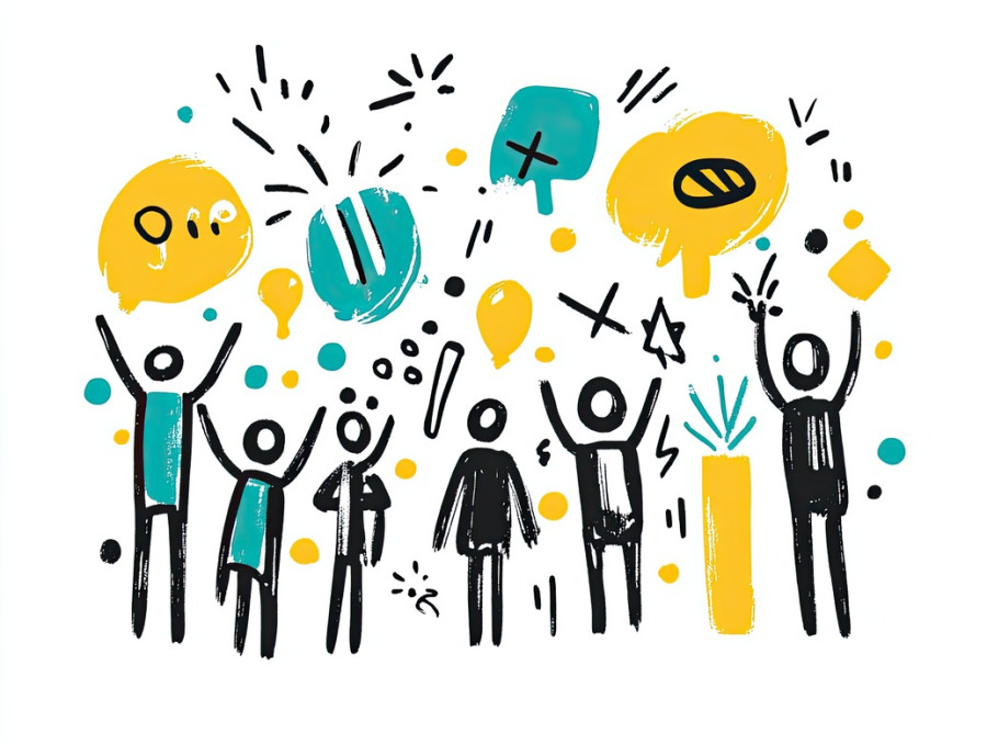 Fireworks and happy stick figures, drawn in a sketchnote style, joyful celebration and festive event, happiness and fun gathering concept