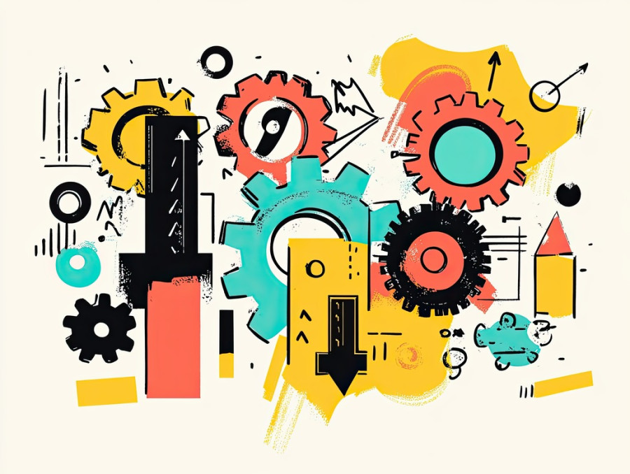 Gears and factory with arrows, drawn in a sketchnote style, industrial process and automation, teamwork and productivity concept