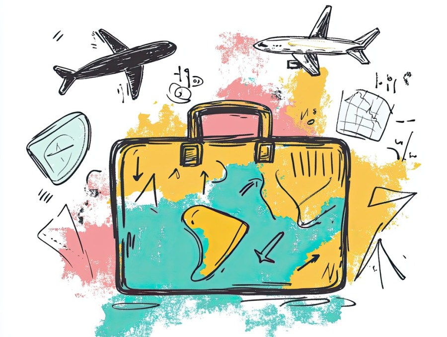 Suitcase with airplane and map icons, drawn in a sketchnote style, travel adventure, journey and vacation planning concept