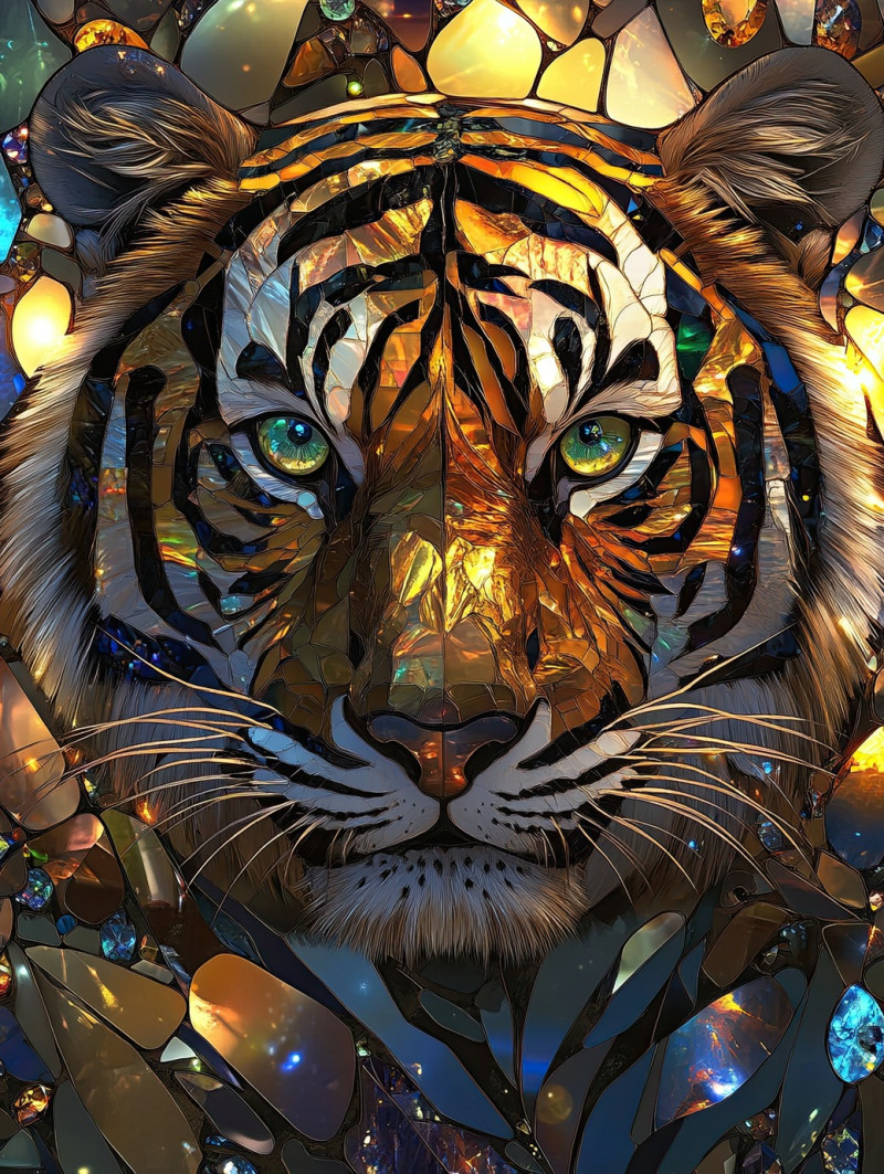 Majestic tiger face carved in gemstone inlay, showcasing fine lapidary craftsmanship, detailed textures highlight its fierce expression, lapidary equipment, lapidary saw