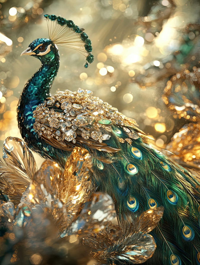 Peacock with gemstone feather details in stunning lapidary art, vibrant colors and intricate carving bring this elegant bird to life, lapidary saw, lapidary equipment