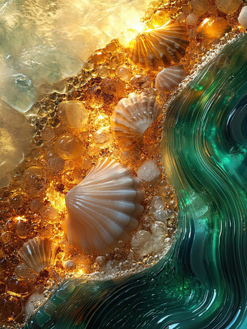 Seashells and ocean waves carved in agate, showcasing intricate lapidary skills, natural swirls mimic water movement, lapidary saw, lapidary equipment
