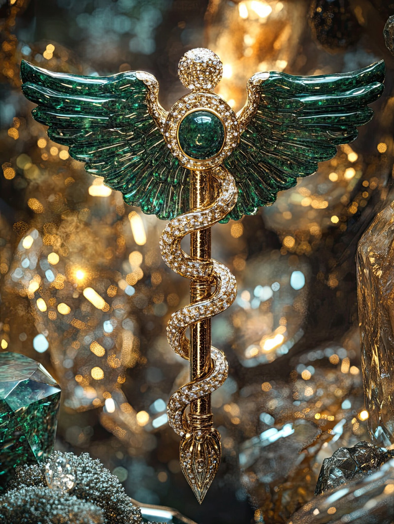 Caduceus symbol carved in jade with precise lapidary techniques, the twin serpents and wings are finely detailed, lapidary saw, lapidary equipment