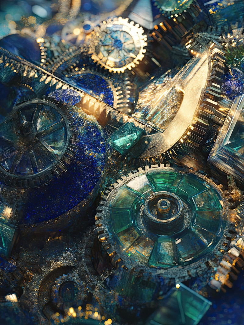 Gears and cogs intricately carved in lapis lazuli, a fusion of mechanics and lapidary art, deep blue hues enhance the industrial design, lapidary saw, lapidary equipment