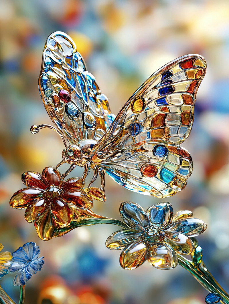 Butterfly resting on a vibrant flower, delicate wings glowing with millefiori glass patterns, artistic millefiori beads create a dreamy nature scene, millefiori pendant concept